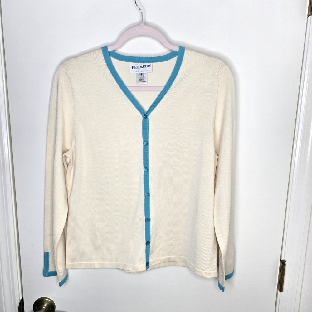 Pendleton Cream Cardigan with Blue Trim Silk Blend Size Small